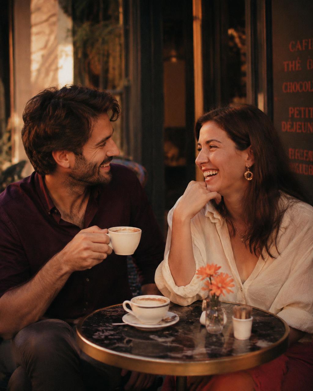 Zwei Menschen lachen gemeinsam in einem Café